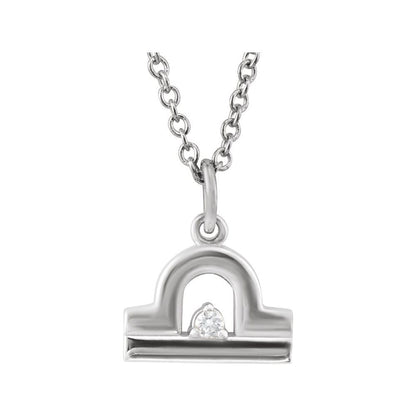Solid 925 Sterling Silver .015 CT Natural Diamond Libra Zodiac Charm 16-18" Necklace