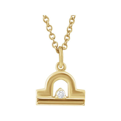 14K Yellow Gold .015 CT Natural Diamond Libra Zodiac Charm 16-18" Necklace