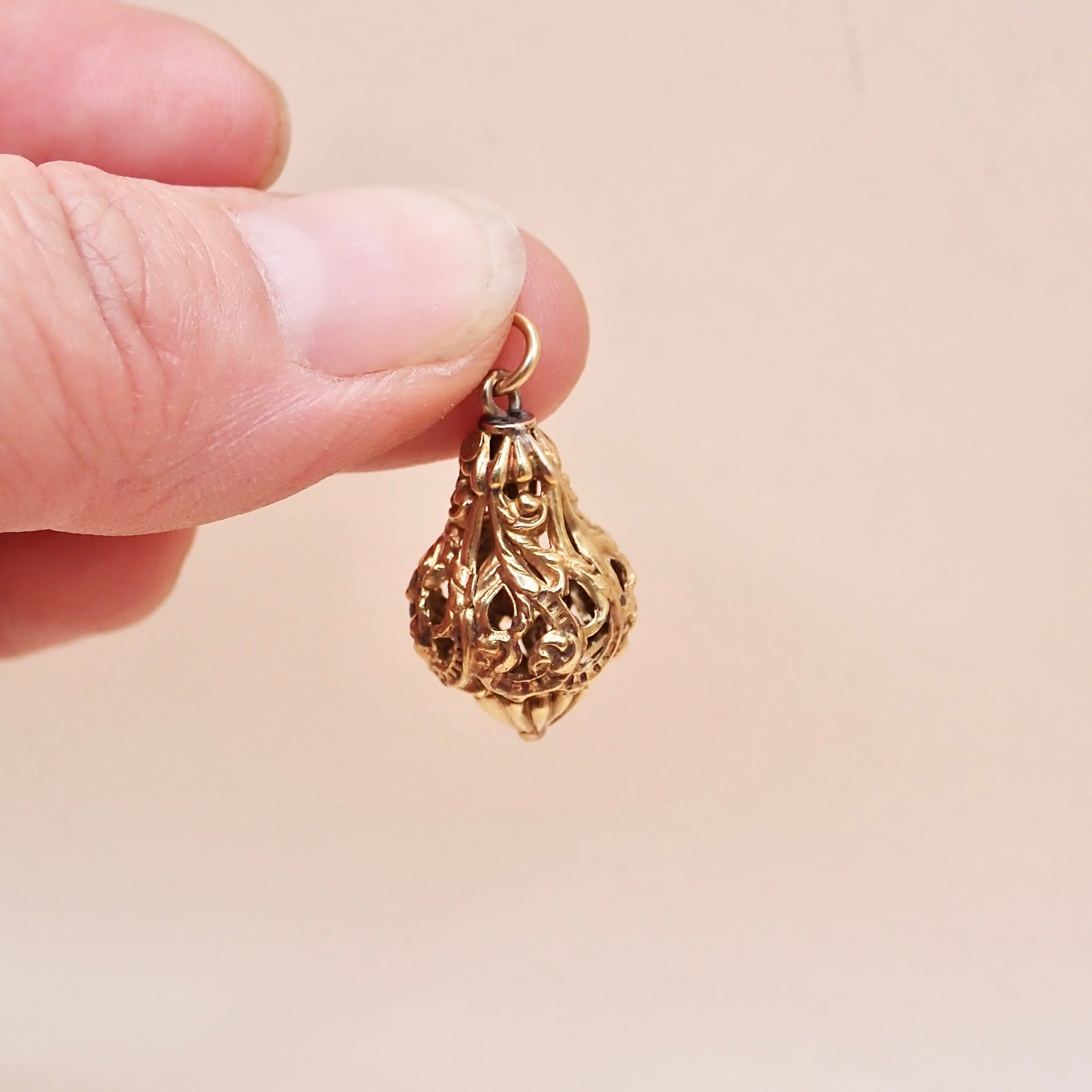 Antique Victorian Revival 14K Yellow Gold Filigree Lantern Cage Pendant