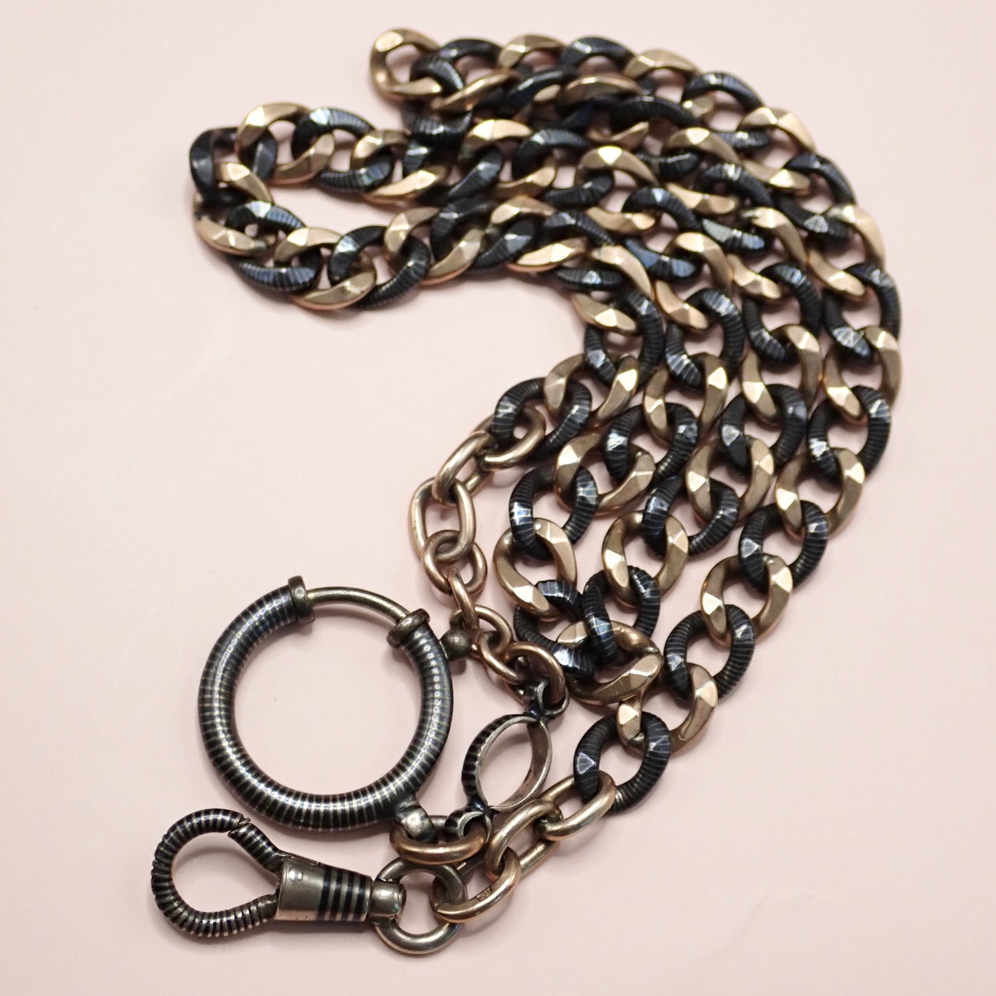 Antique Victorian 800 Niello Silver & 12k Rose Gold Watch Chain Necklace, 18.5"inches MBP5