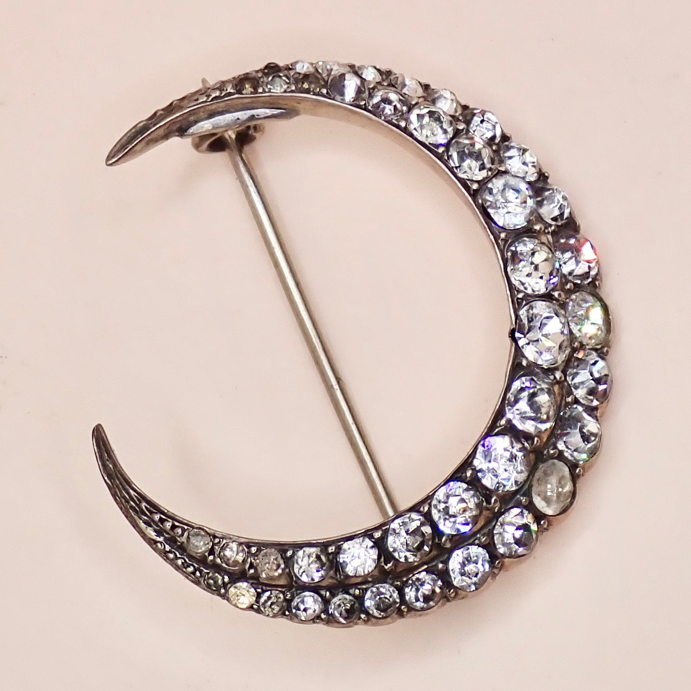 Antique Victorian 835 Silver "Paste Diamond" Crescent Moon Pin Brooch