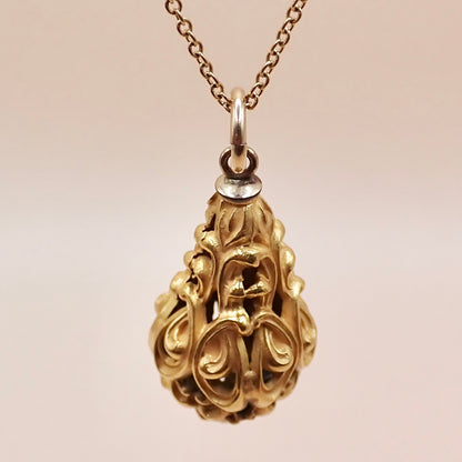 Mid-Century Solid 14K Yellow Gold Victorian Revival Filigree Lantern Cage Pendant