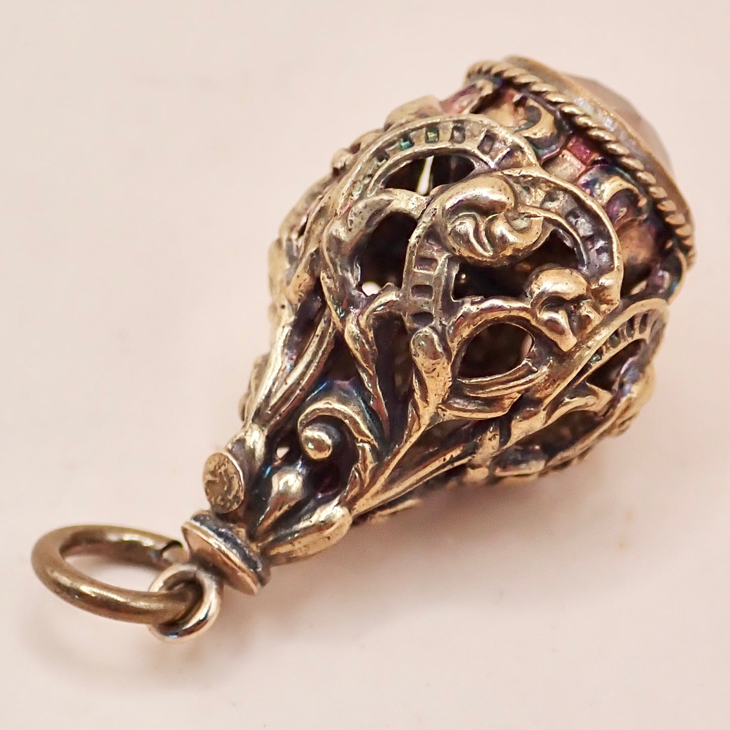 Rare Victorian 14K Gold "Lantern" Filigree Cage Charm with Honey Citrine