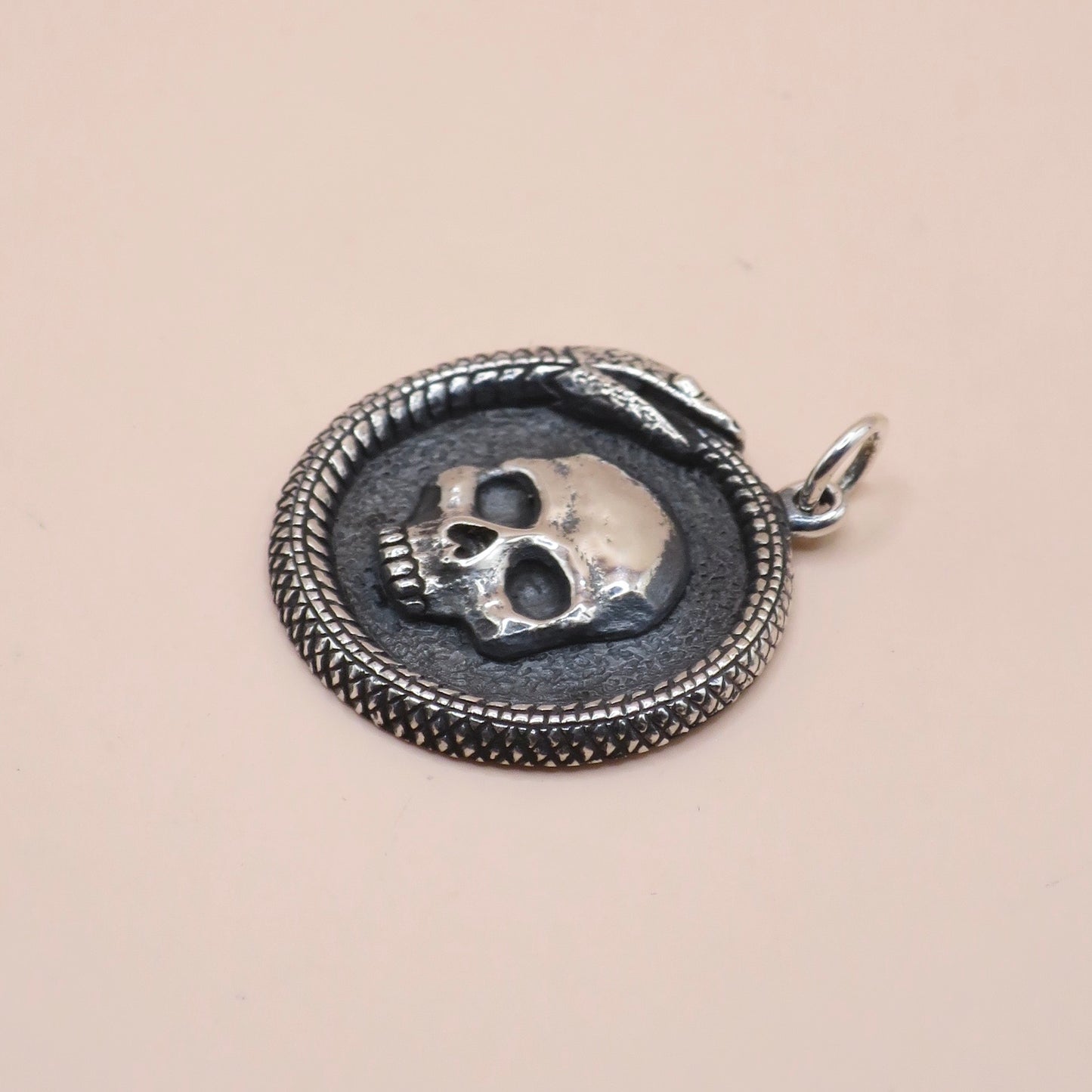 Solid 925 Sterling Silver Ouroboros Snake with Skull Pendant, 27x21mm