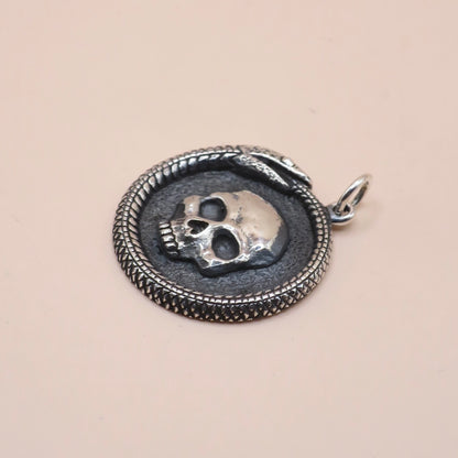 Solid 925 Sterling Silver Ouroboros Snake with Skull Pendant, 27x21mm