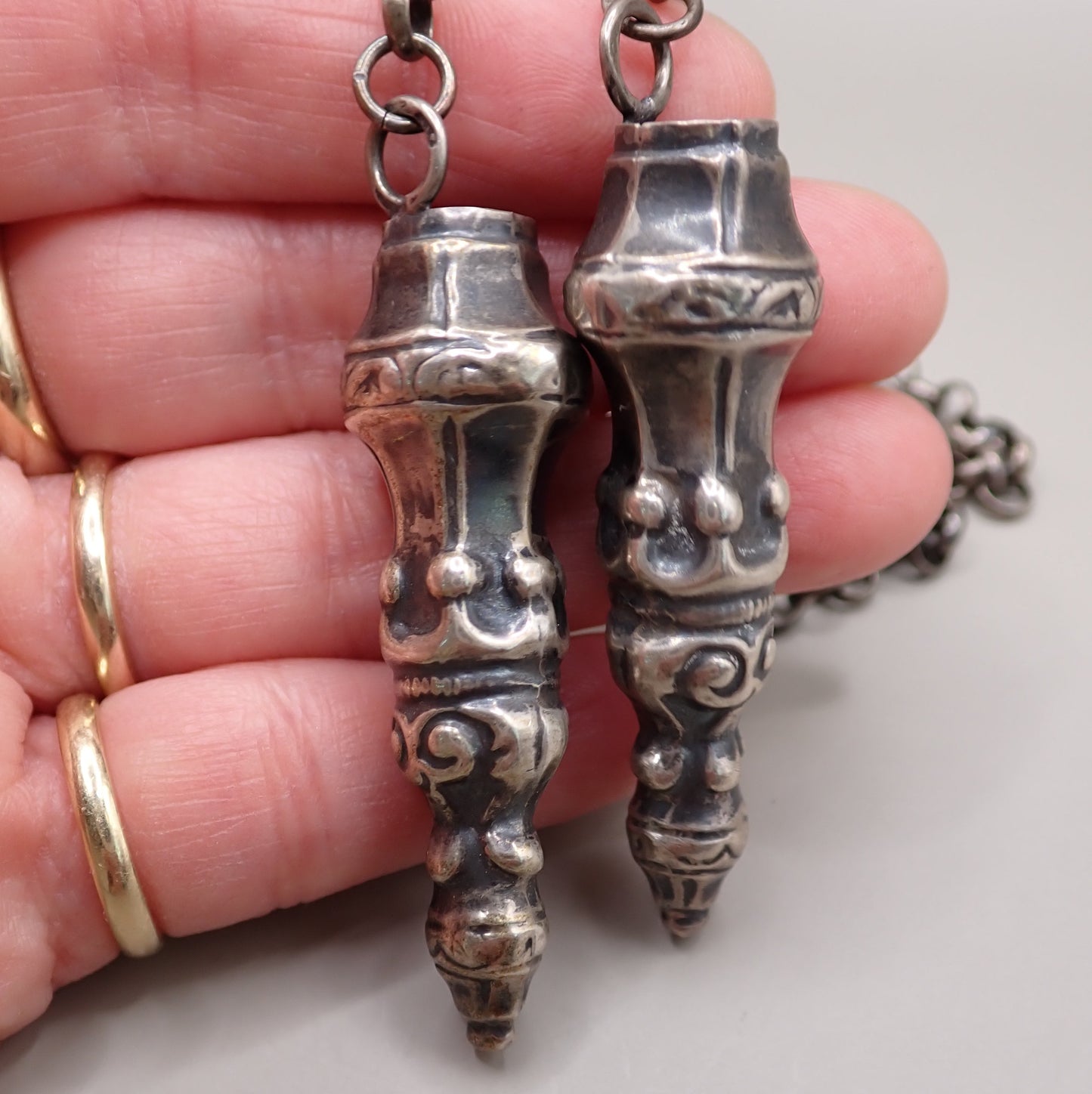 Antique Dutch 835 Silver Jasseron Chain with Ornate Needle Cap Pendants