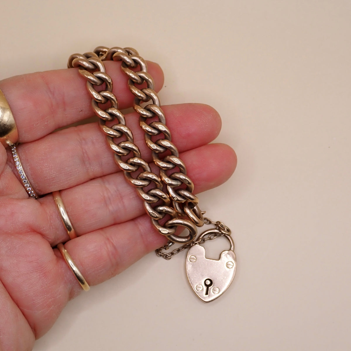Antique Edwardian 1906 Fully Hallmarked 9k Rose Gold Heart Padlock Curb Bracelet 37.7grams