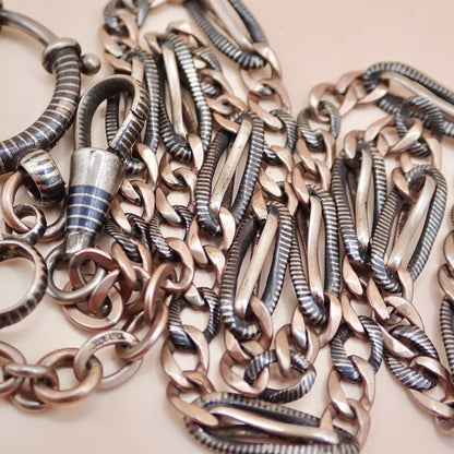 Antique Victorian Niello Silver & 9k Rose Gold Vermeil Pocket Watch Chain Necklace MB72