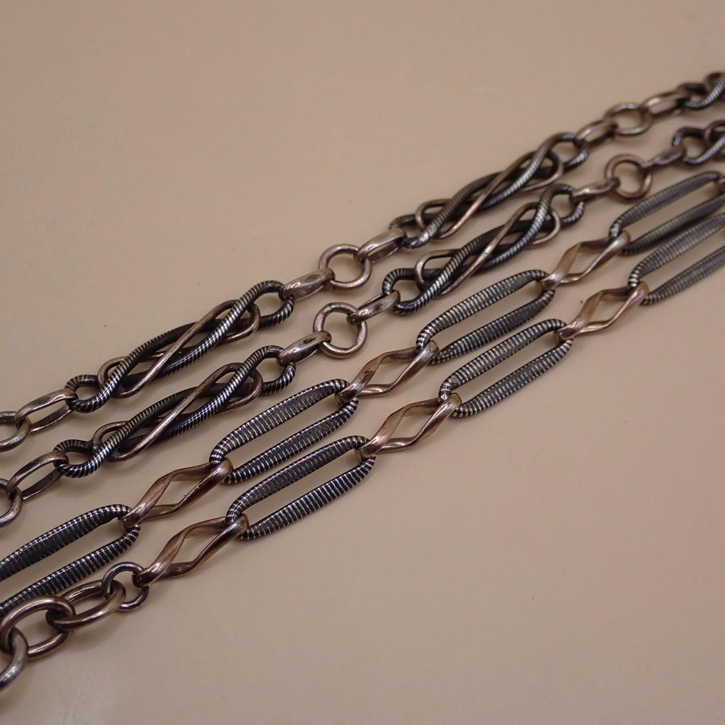 Converted Antique Victorian 800 Silver Niello & Rose Gold Vermeil Pocket Watch Chain Necklace MB74