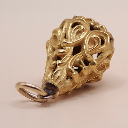 Mid-Century Solid 14K Yellow Gold Victorian Revival Filigree Lantern Cage Pendant