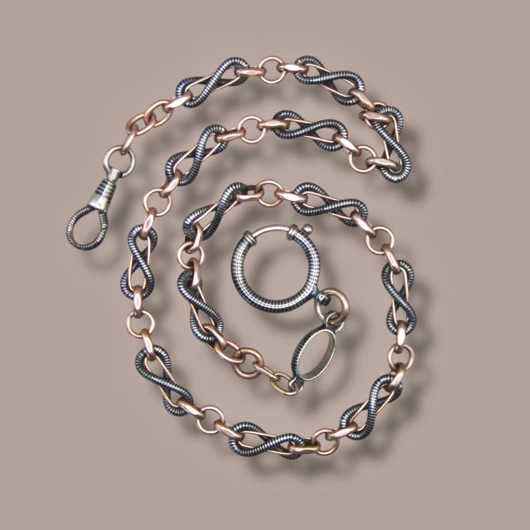 Antique Victorian 800 Silver Niello & 12k Rose Gold Vermeil Pocket Wactch Chain, 18-1/8”inches MBP1