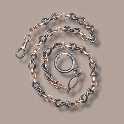 Antique Victorian 800 Silver Niello & 12k Rose Gold Vermeil Pocket Wactch Chain, 18-1/8”inches MBP1