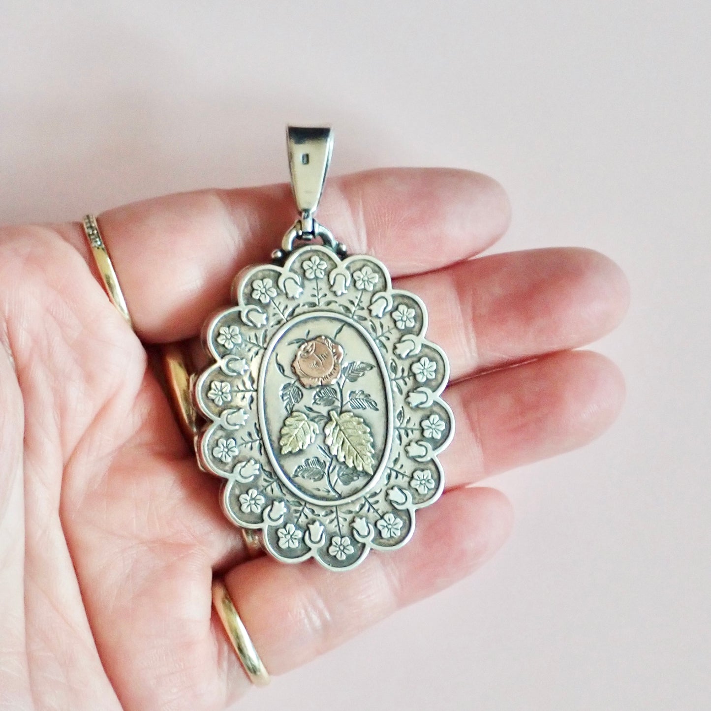 1881 Antique Victorian Birmingham Tricolor Sterling Silver Scalloped Flower Locket Pendant