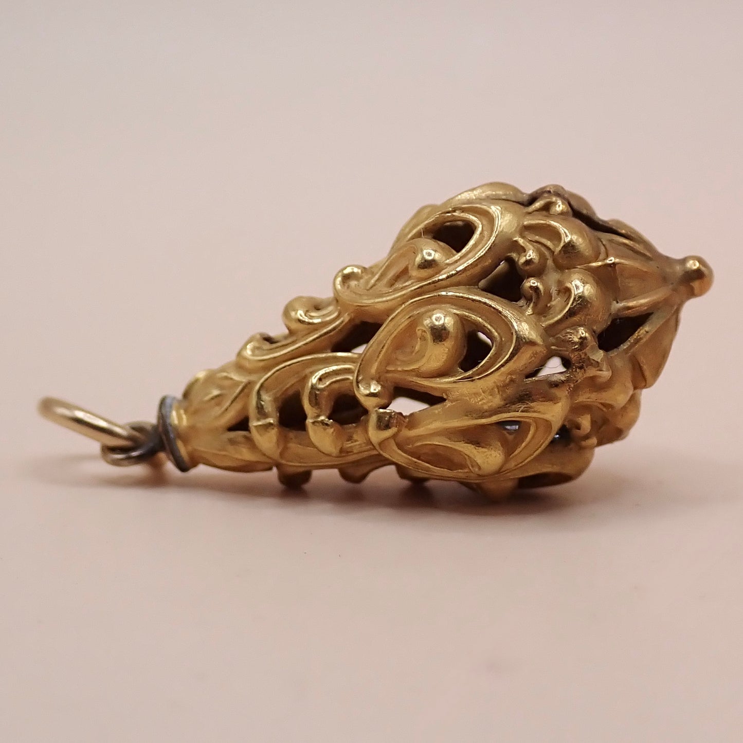 Mid-Century Solid 14K Yellow Gold Victorian Revival Filigree Lantern Cage Pendant