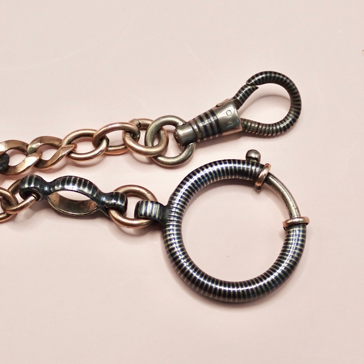 Antique Victorian 800 Silver Niello & 12k Rose Gold Vermeil Pocket Wactch Chain, 18-1/8”inches MBP1