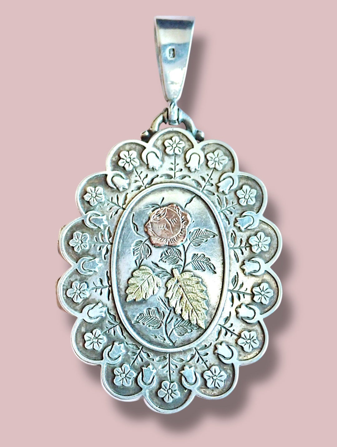1881 Antique Victorian Birmingham Tricolor Sterling Silver Scalloped Flower Locket Pendant