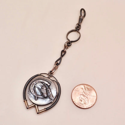 Antique Victorian .800 Silver & 12K Rose Gold Niello Equestrian "Short Drop" Fob Pendant MBP9