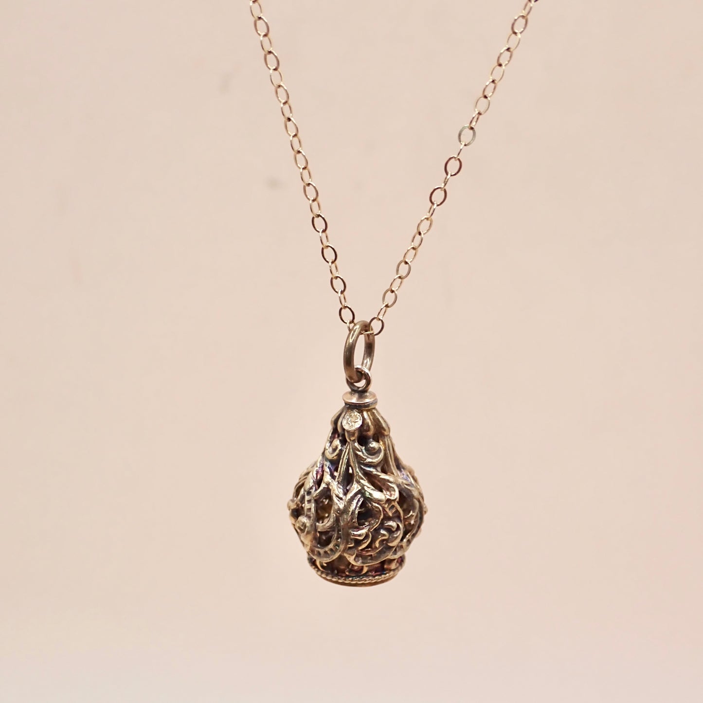 Rare Victorian 14K Gold "Lantern" Filigree Cage Charm with Honey Citrine