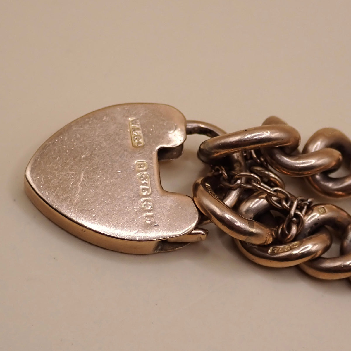 Antique Edwardian 1906 Fully Hallmarked 9k Rose Gold Heart Padlock Curb Bracelet 37.7grams