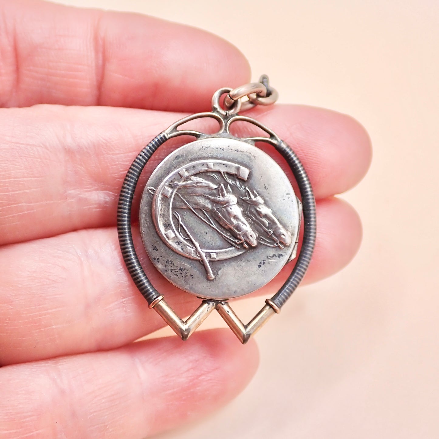 Antique Victorian .800 Silver & 12K Rose Gold Niello Equestrian "Short Drop" Fob Pendant MBP9