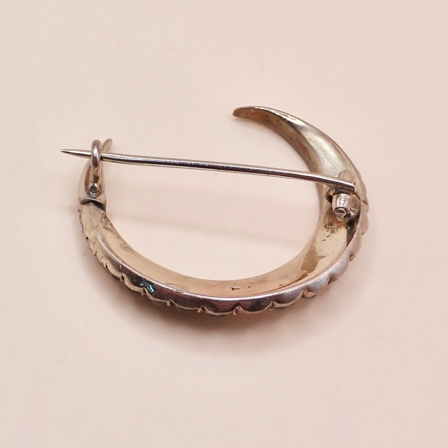 Antique Victorian 835 Silver "Paste Diamond" Crescent Moon Pin Brooch