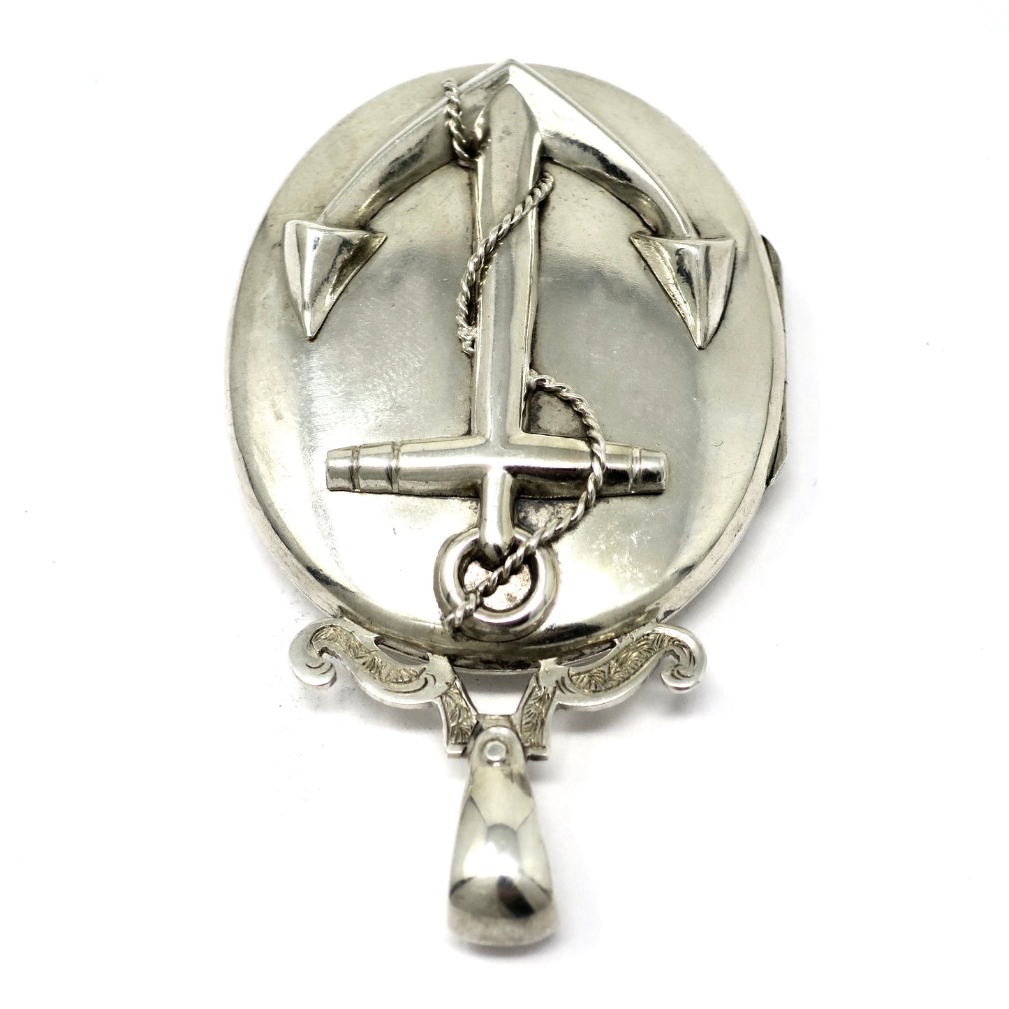 Antique Victorian Sterling Silver Anchor Oval Locket Pendant