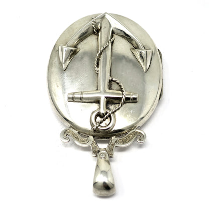 Antique Victorian Sterling Silver Anchor Oval Locket Pendant