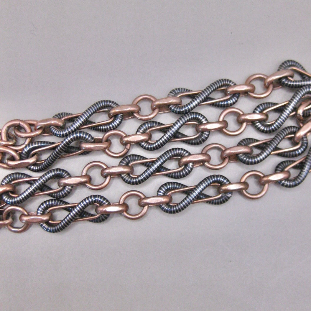 Antique Victorian 800 Silver Niello & 12k Rose Gold Vermeil Pocket Wactch Chain, 18-1/8”inches MBP1