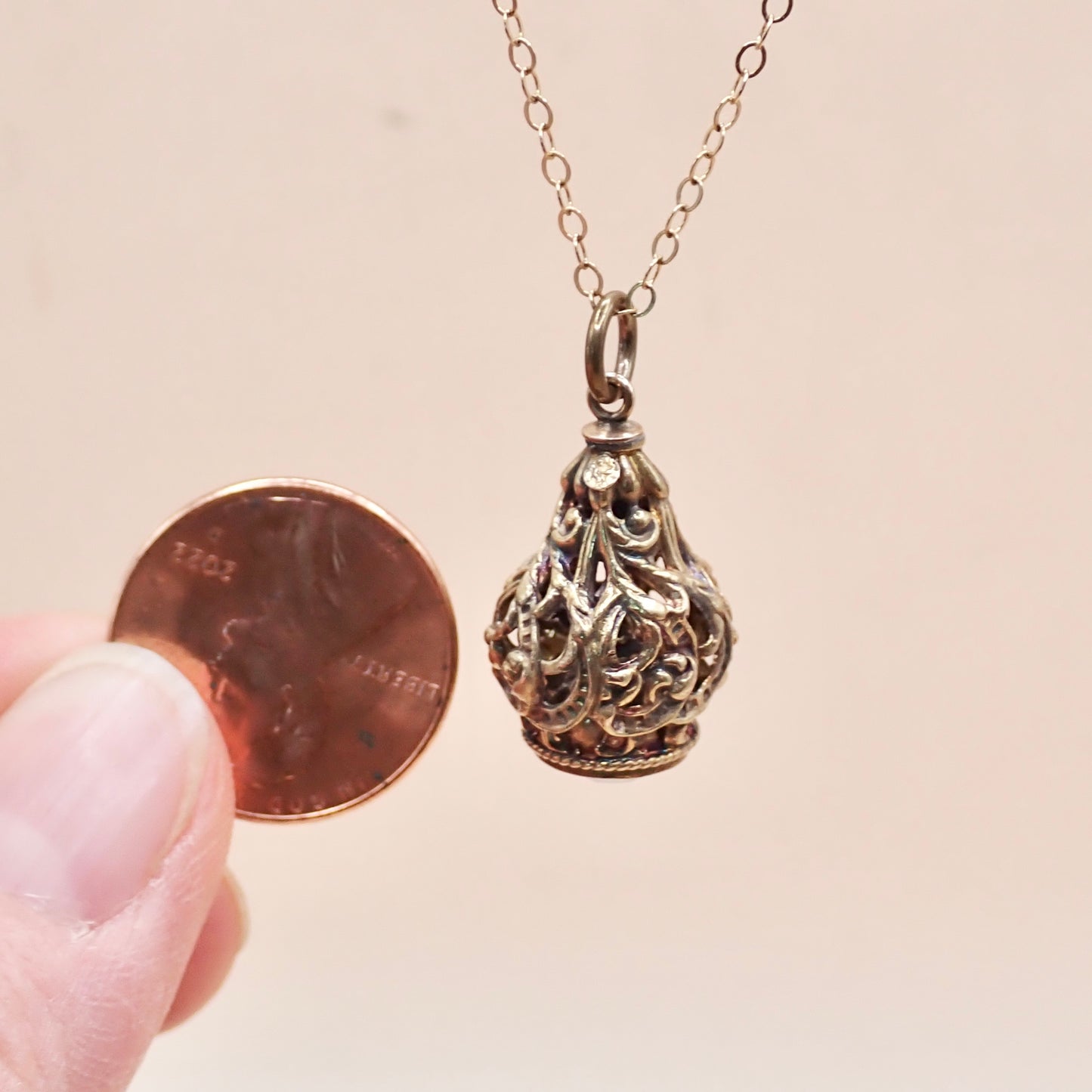 Rare Victorian 14K Gold "Lantern" Filigree Cage Charm with Honey Citrine