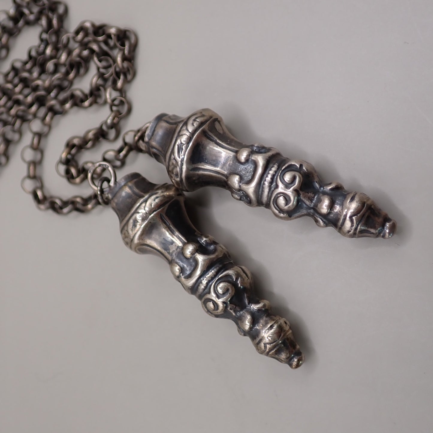 Antique Dutch 835 Silver Jasseron Chain with Ornate Needle Cap Pendants