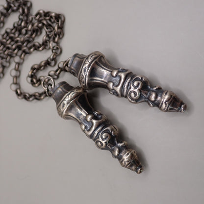 Antique Dutch 835 Silver Jasseron Chain with Ornate Needle Cap Pendants