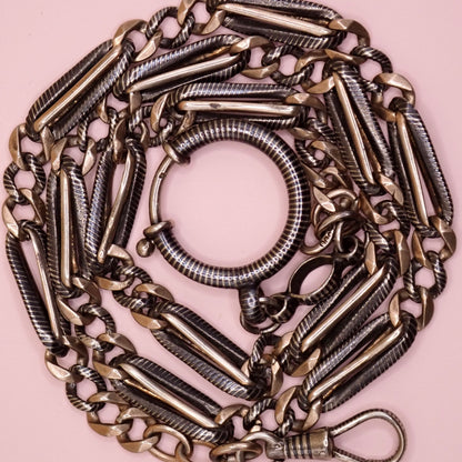 Antique Victorian 800 Silver Niello & Rose Gold Vermeil Pocket Watch Chain Necklace MB75