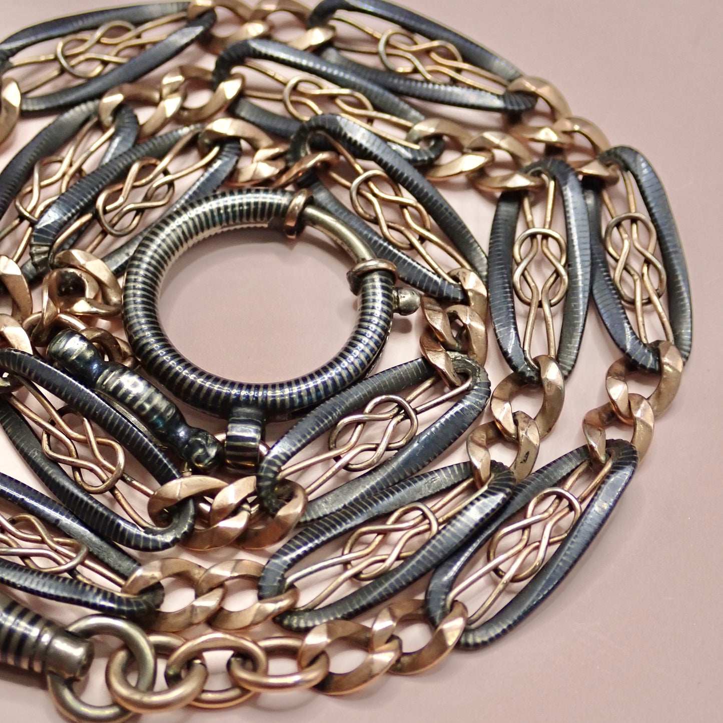 Antique Victorian "Lover's Knot" Open-Work 800 Niello & Rose Gold Vermeil Pocket Wactch Chain, 19-1/8” inches MBP2
