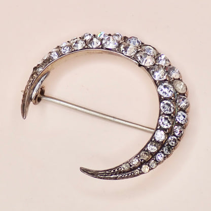 Antique Victorian 835 Silver "Paste Diamond" Crescent Moon Pin Brooch