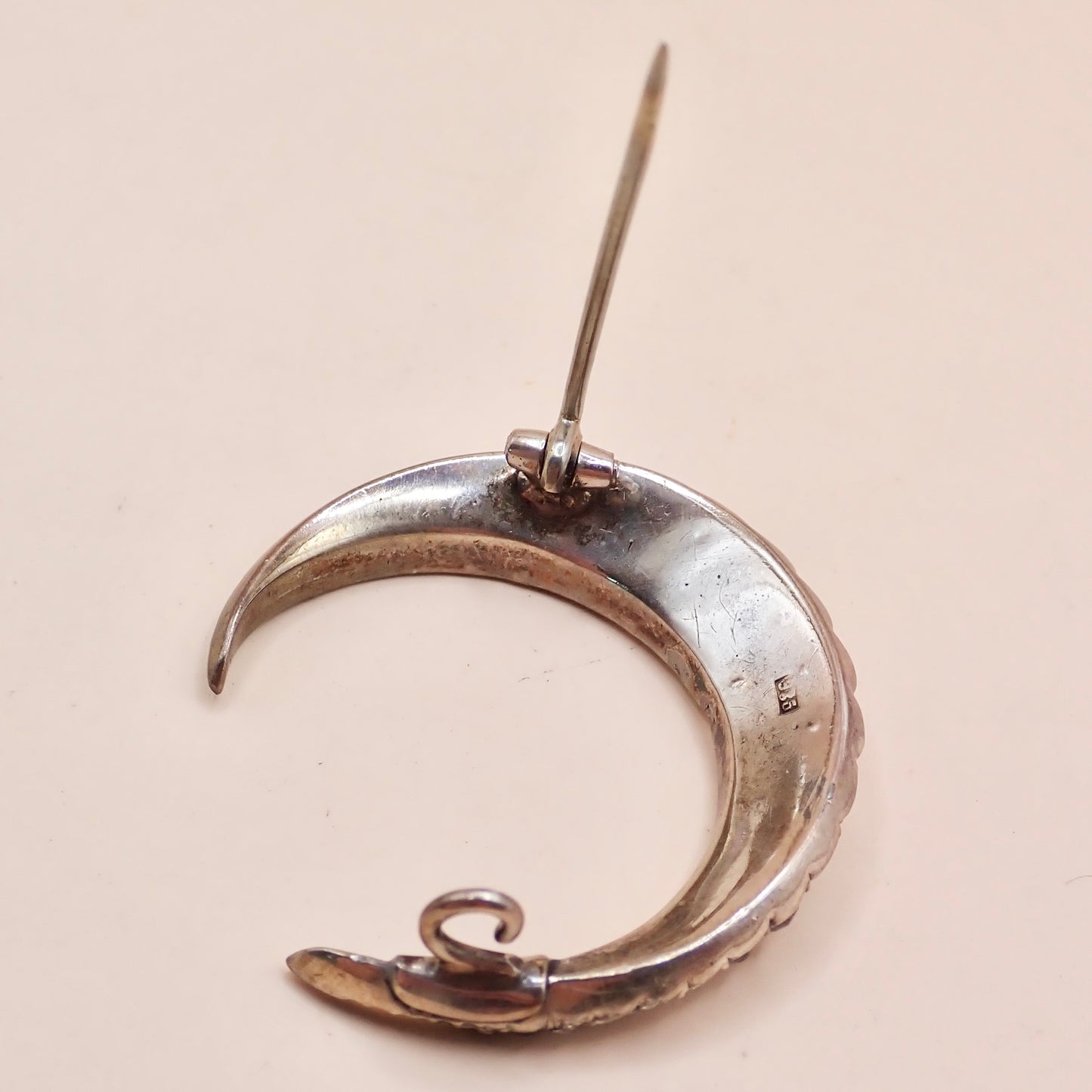 Antique Victorian 835 Silver "Paste Diamond" Crescent Moon Pin Brooch