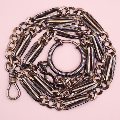 Antique Victorian 800 Silver Niello & Rose Gold Vermeil Pocket Watch Chain Necklace MB75