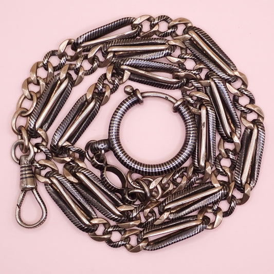 Antique Victorian 800 Silver Niello & Rose Gold Vermeil Pocket Watch Chain Necklace MB75