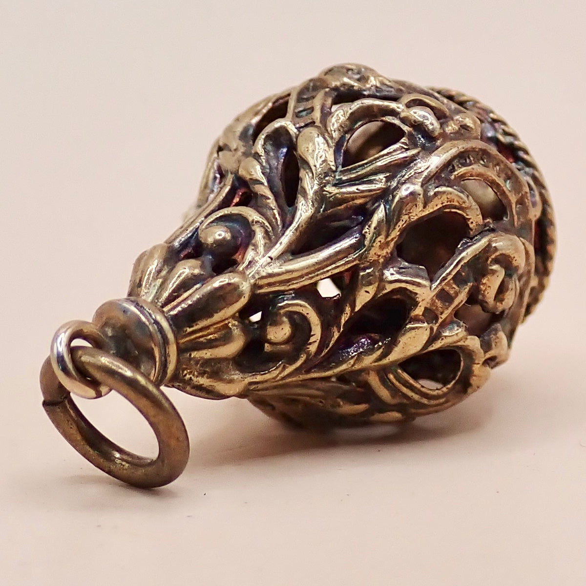 Rare Victorian 14K Gold "Lantern" Filigree Cage Charm with Honey Citrine