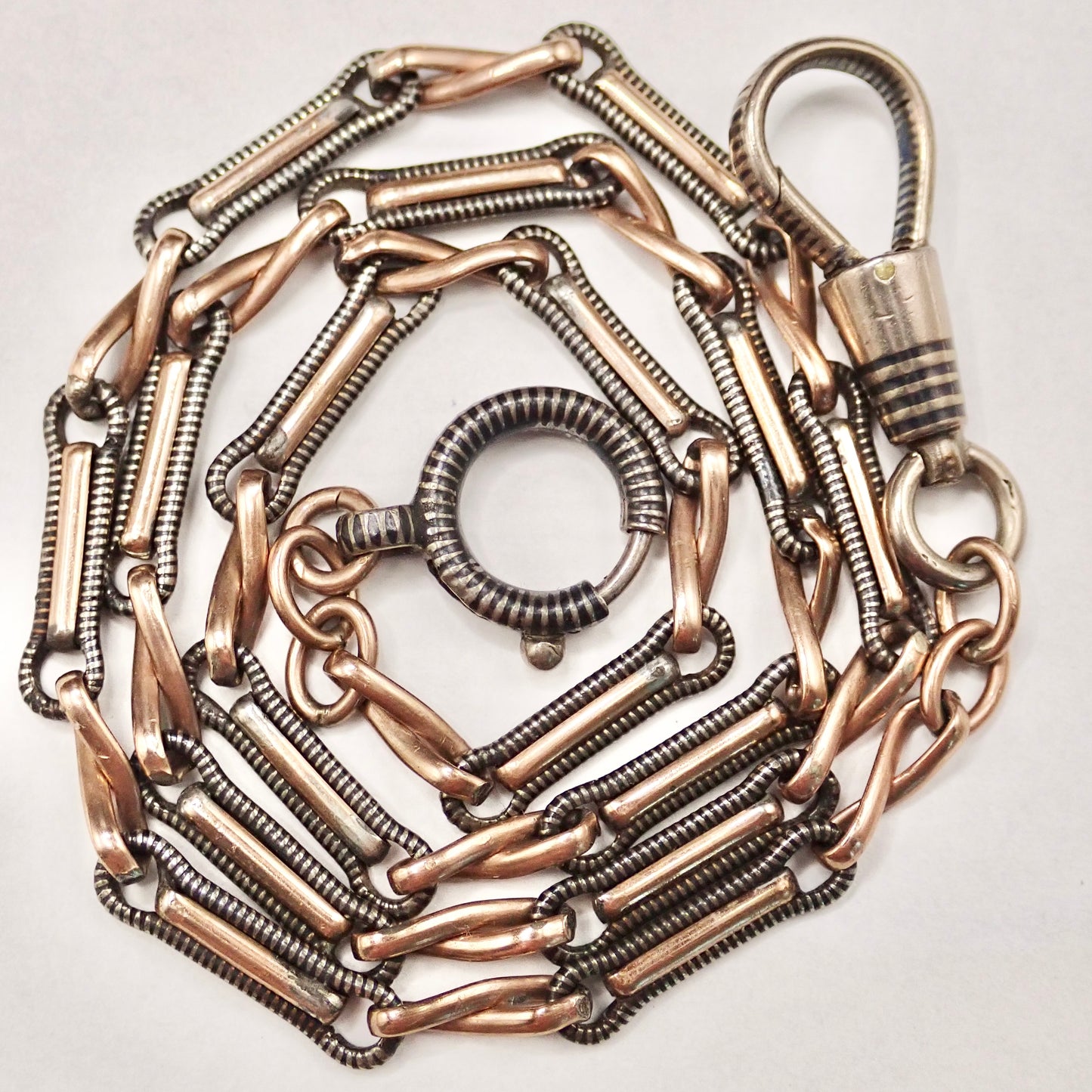Rare Victorian .800 Silver & 9K Rose Gold Vermeil Niello 15.25” Multi-Way Chain MBP3