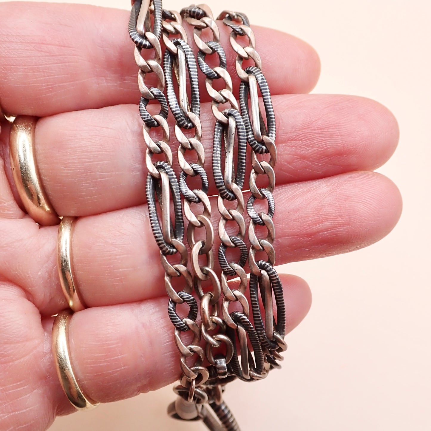 Antique Victorian Niello Silver & 9k Rose Gold Vermeil Pocket Watch Chain Necklace MB72