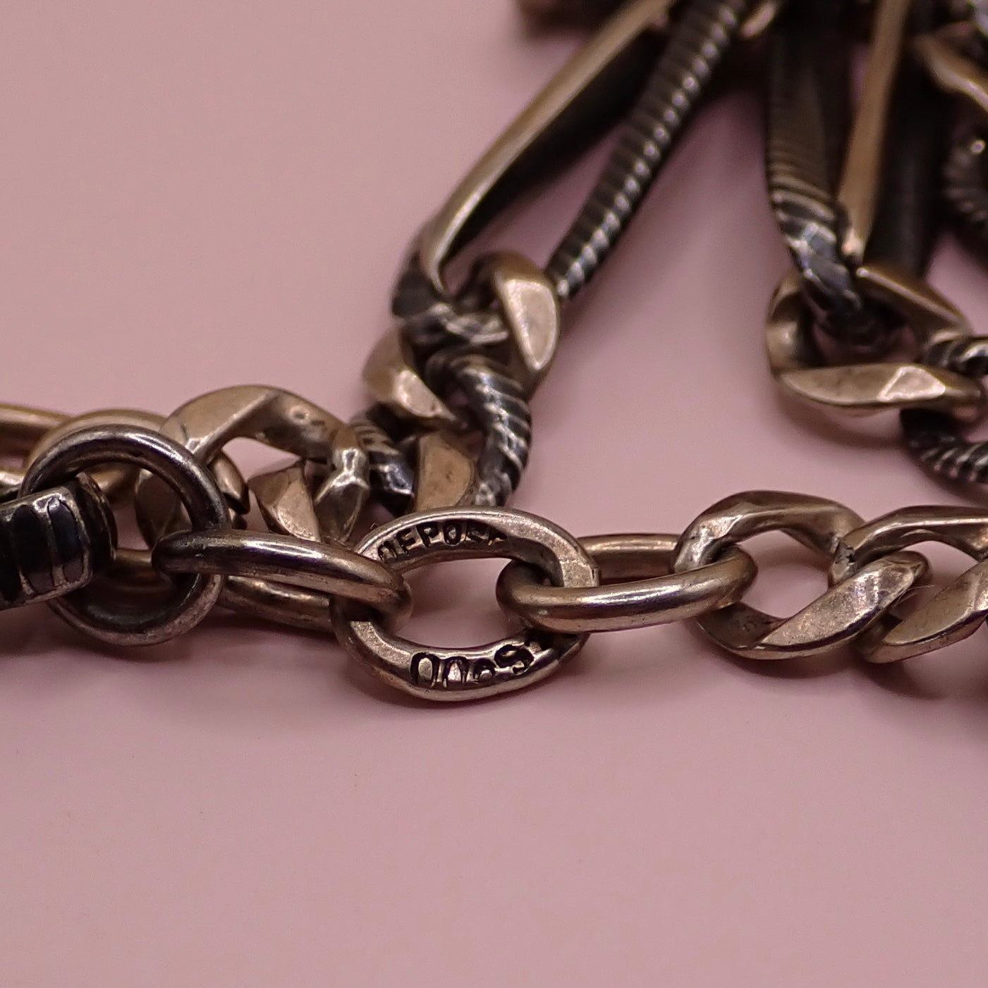 Antique Victorian 800 Silver Niello & Rose Gold Vermeil Pocket Watch Chain Necklace MB75