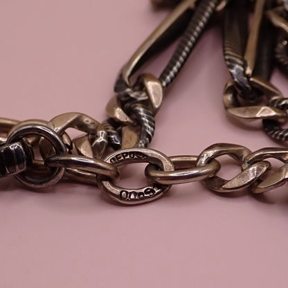 Antique Victorian 800 Silver Niello & Rose Gold Vermeil Pocket Watch Chain Necklace MB75