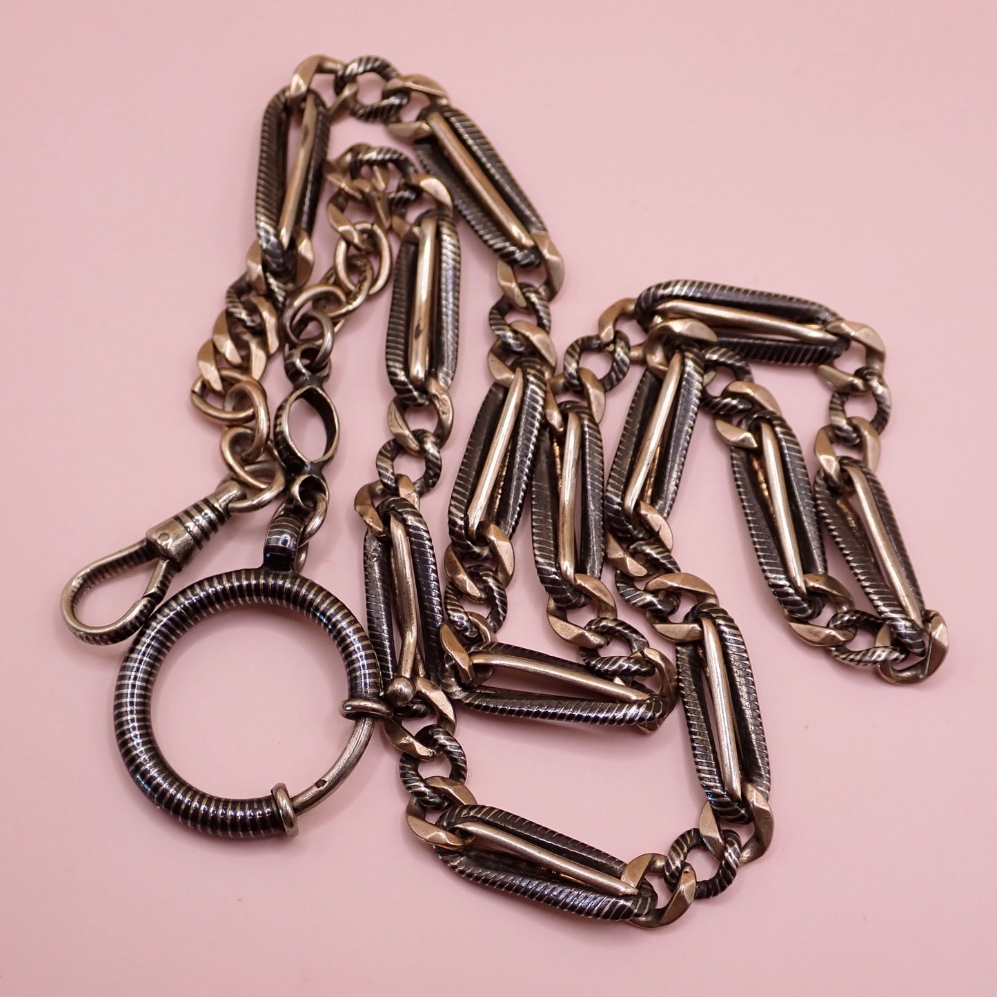 Antique Victorian 800 Silver Niello & Rose Gold Vermeil Pocket Watch Chain Necklace MB75