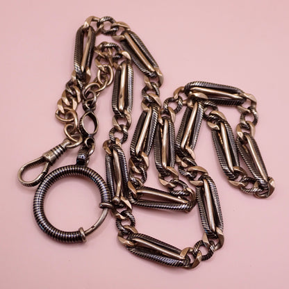 Antique Victorian 800 Silver Niello & Rose Gold Vermeil Pocket Watch Chain Necklace MB75