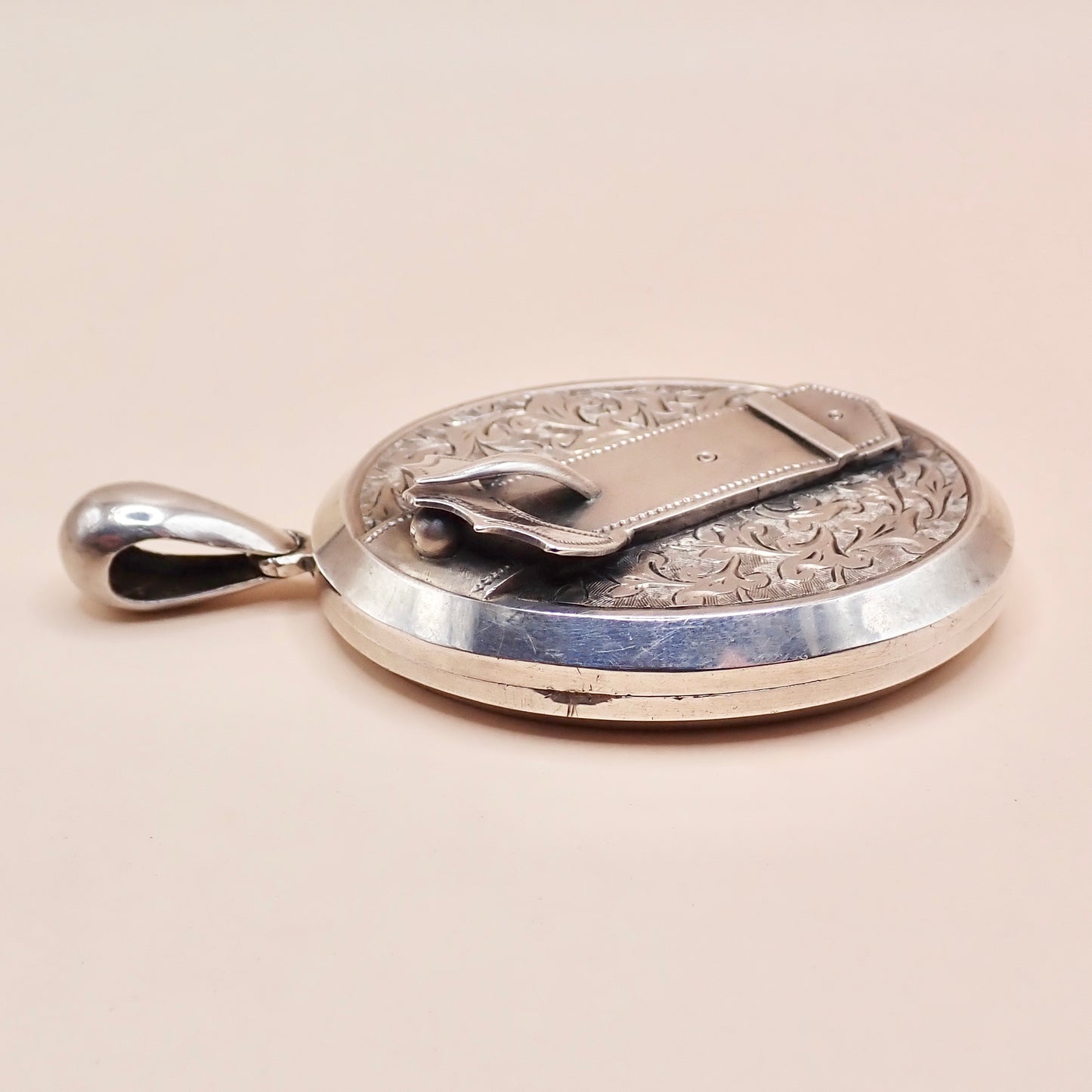 Antique 1879 Sterling Silver Victorian "Belt Buckle& Snowdrop" Locket Pendant
