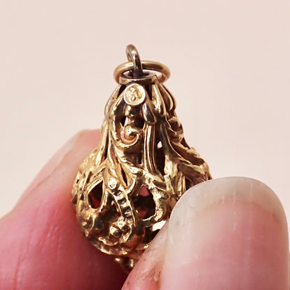 Antique Victorian Revival 14K Yellow Gold Filigree Lantern Cage Pendant