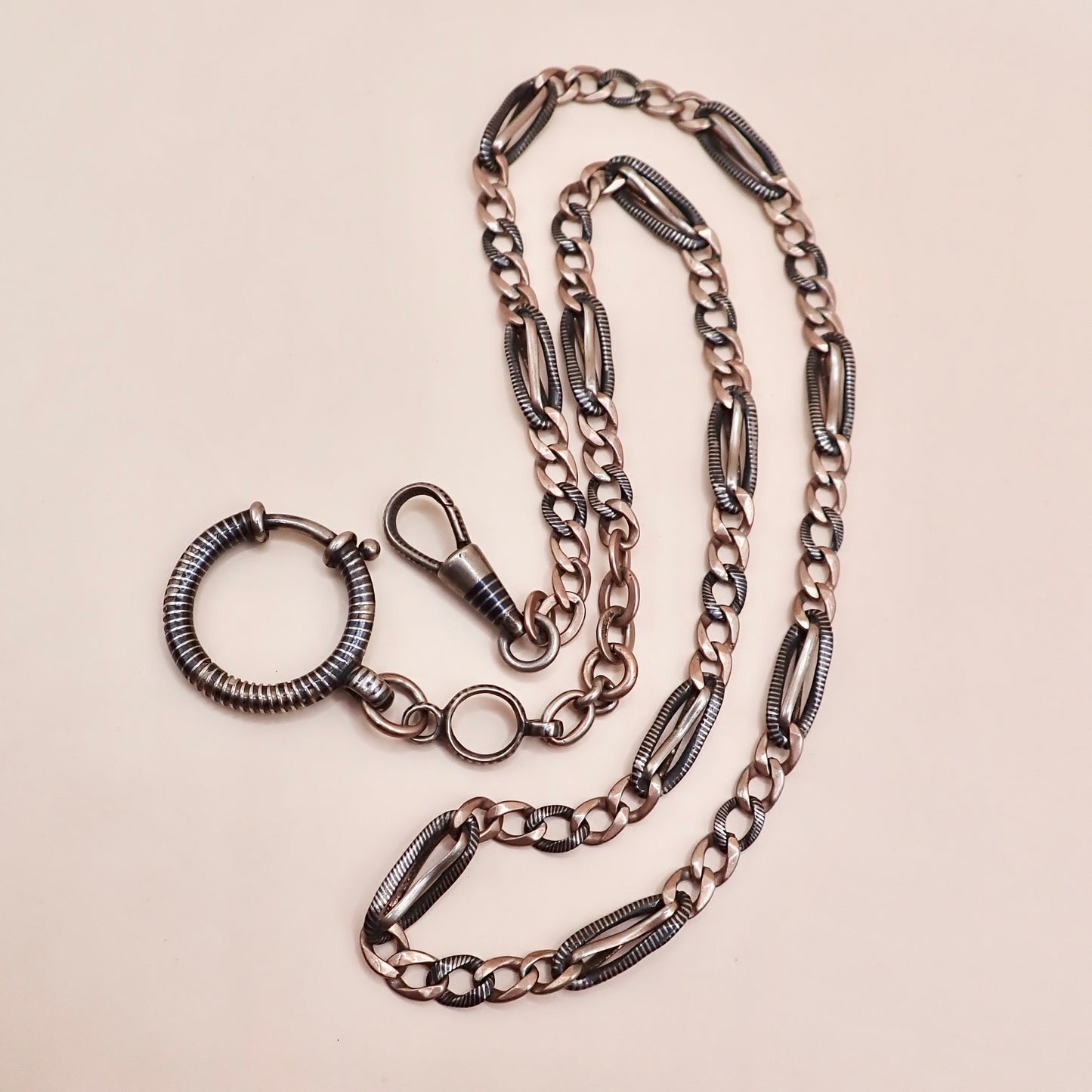 Antique Victorian Niello Silver & 9k Rose Gold Vermeil Pocket Watch Chain Necklace MB72