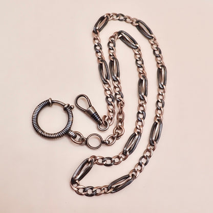 Antique Victorian Niello Silver & 9k Rose Gold Vermeil Pocket Watch Chain Necklace MB72