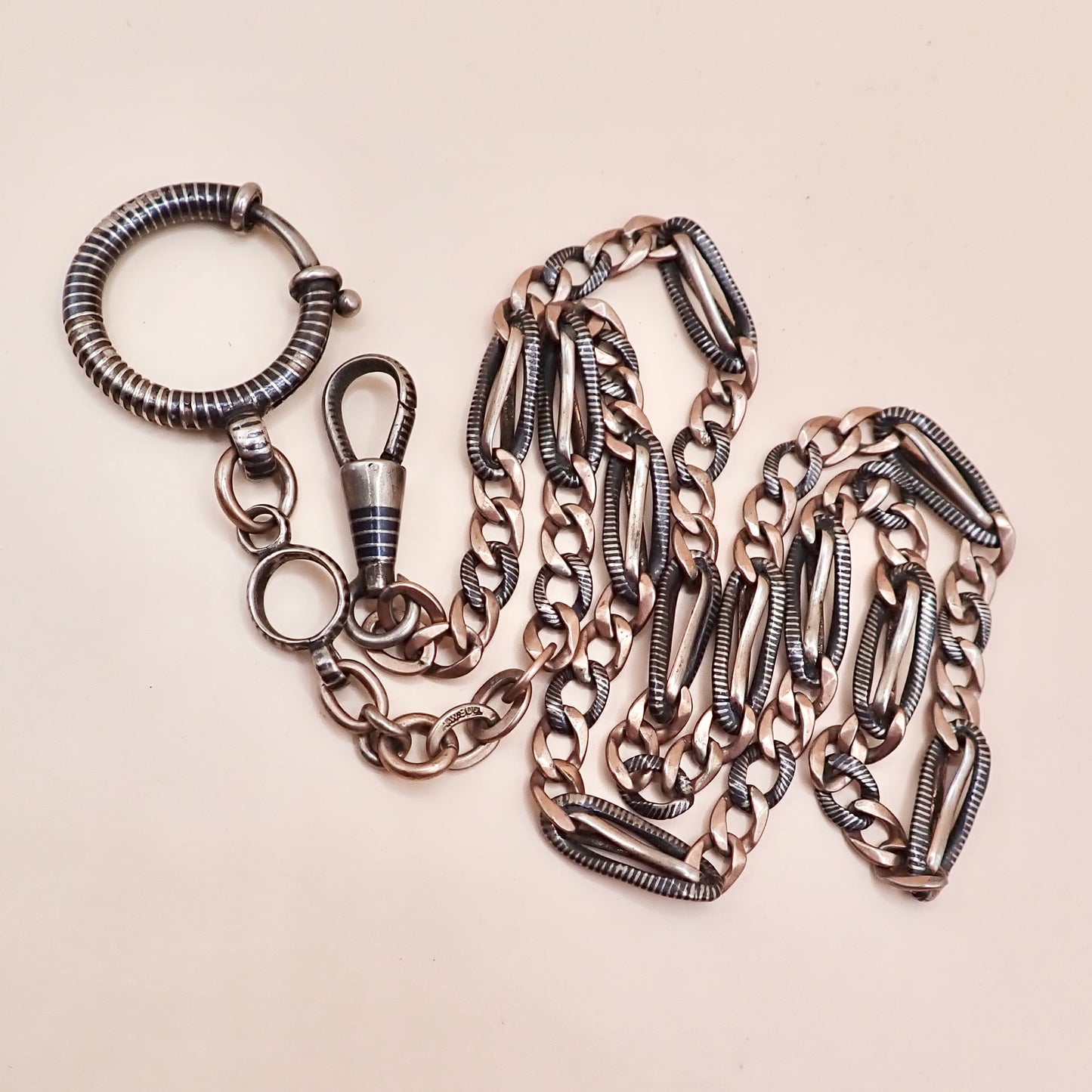 Antique Victorian Niello Silver & 9k Rose Gold Vermeil Pocket Watch Chain Necklace MB72