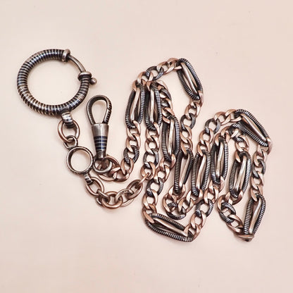 Antique Victorian Niello Silver & 9k Rose Gold Vermeil Pocket Watch Chain Necklace MB72